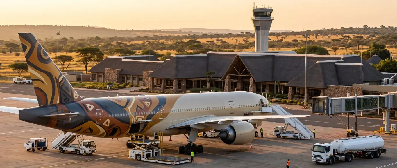 Flugzeug an einem reetgedeckten Safari-Flughafenterminal nahe dem Krüger Nationalpark bei Sonnenuntergang