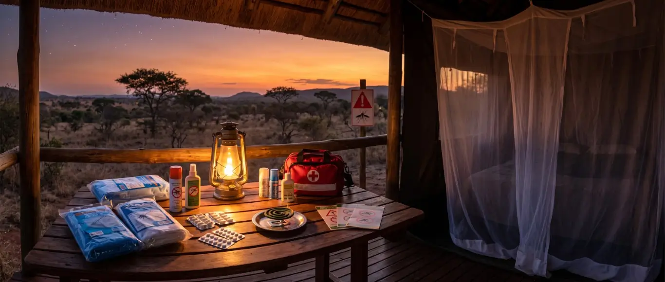 Moskitonetz, Mückenschutz, Malariatabletten und Erste-Hilfe-Set auf der Terrasse einer Safari-Lodge in der Dämmerung