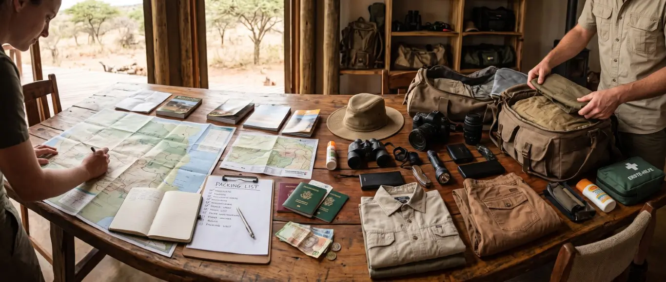 Safari-Packliste, Karten, Fernglas, Kamera, Kleidung und Erste-Hilfe-Set auf einem Lodge-Tisch ausgebreitet